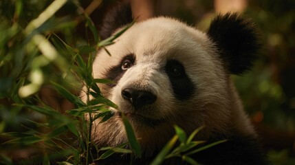 Obraz premium Panda chewing bamboo stalk in enclosure 