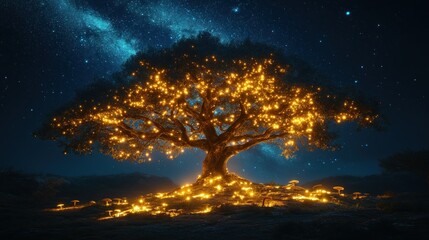 Naklejka premium Illuminated ancient tree under starry night sky