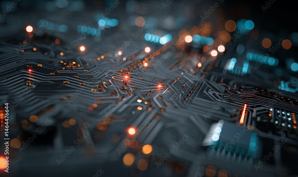 Aufkleber close view of a computer circuit board with glowing components at night