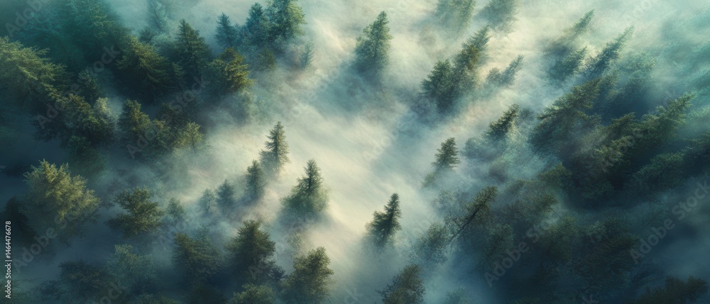 Poster aerial view of misty forest landscape with evergreen trees and fog creating a serene natural atmosph