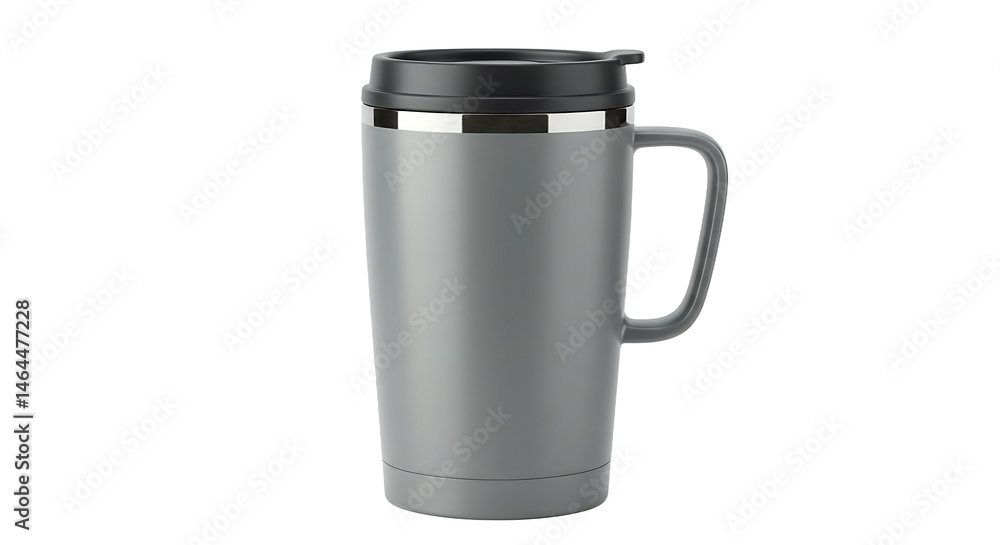 Poster isolated gray mug with black lid and handle on a black background in a studio setting image shot
