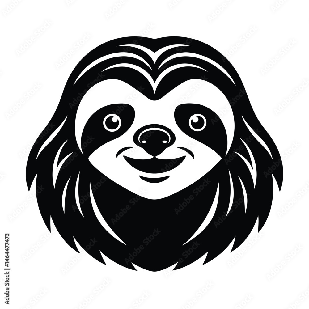 Poster smiling sloth head illustration in simple black and white style for various design projects