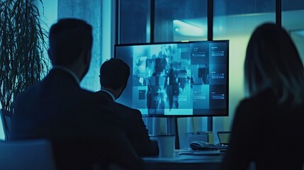 Team analyses visual data streams at dark technology meeting in sophisticated office