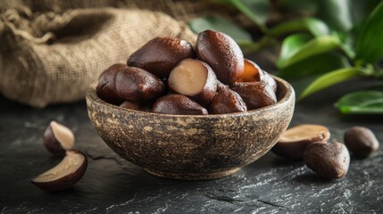 Dark Brown Nuts In Wooden Bowl On Dark Stone Surface
