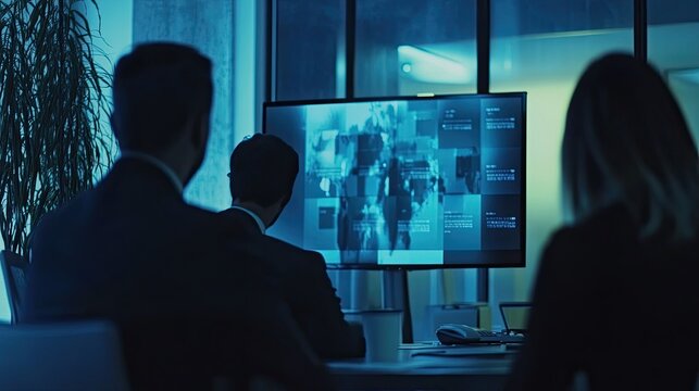 Team analyses visual data streams at dark technology meeting in sophisticated office