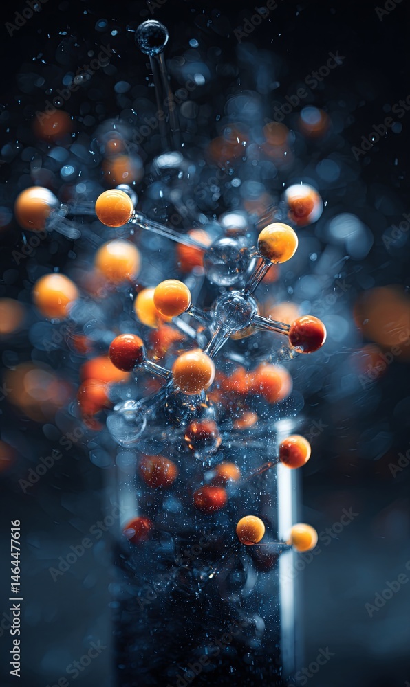 Poster colorful molecular structures floating in a dark background