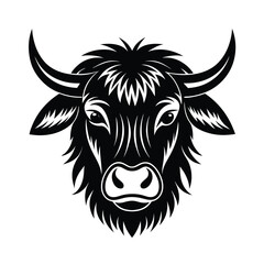 Elegant black and white illustration of a yak head depicting a powerful bull animal