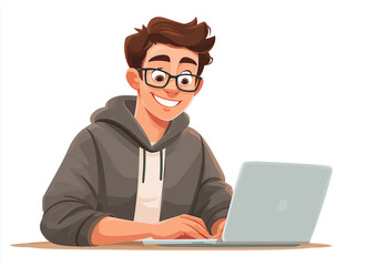 Smiling Man at Desk with Laptop on Transparent Background 