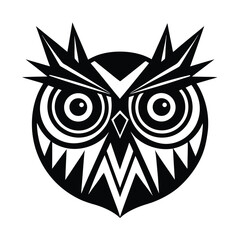 Stylized black and white illustration of an owl with geometric and tribal design elements