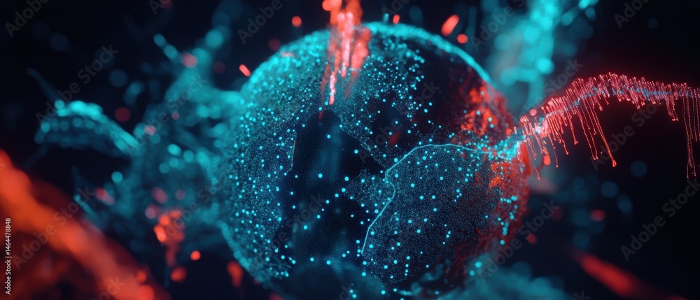 Poster abstract molecular structure with vibrant colors and dynamic light effects, representing scientific 