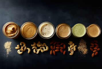 Fototapeta premium Assorted Nut Butters and Powders Displayed in Jars with Nuts on Dark Surface, Healthy Snacks and Spread Options for Nut Lovers
