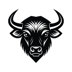 Bold black and white illustration of a bull head featuring horns and detailed design