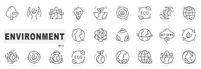 Set of environment related line icons. Earth, ecology, globe, eco etc. Editable stroke. Set 2