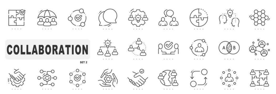 Set of collaboration related line icons. Teamwork, together, group, team etc. Editable stroke. Set 2