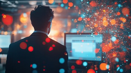 Strategizing innovation: Back view of professional analyzing data network analytics