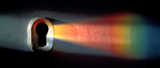 Soft light refracts through a keyhole, casting a whimsical rainbow against a textured surface, blending mystery and color in a subtle harmony.
