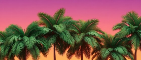 Lush palm trees silhouetted against a vibrant sunset sky showcasing rich greens against the backdrop of dreamy pink and orange hues creating a tropical paradise setting