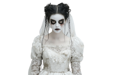 A woman dressed as a ghost bride with haunting makeup, wearing a white lace gown and veil, stares forward with an eerie, unsettling expression.