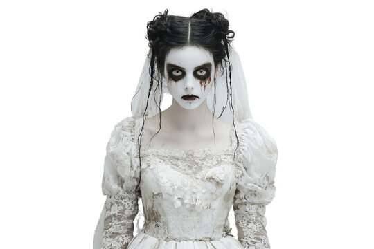 A woman dressed as a ghost bride with haunting makeup, wearing a white lace gown and veil, stares forward with an eerie, unsettling expression.