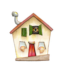 House with eye and hands poking out from its windows