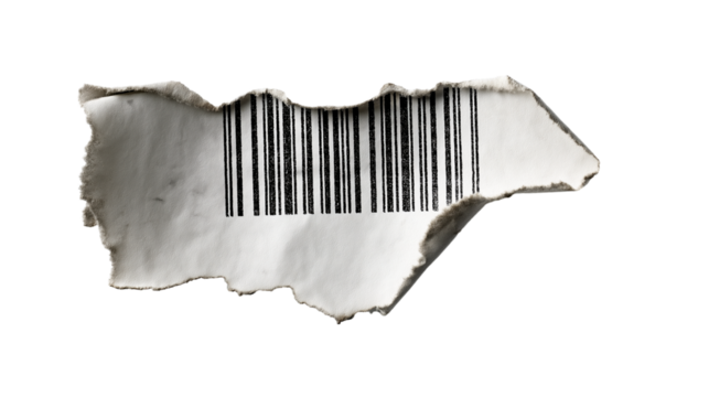 Torn barcode on paper with unique code and rough edges  isolated on white background