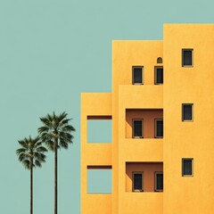Obraz premium Bright yellow building against a clear teal sky framed by tall palm trees creating a modern urban aesthetic capturing a vibrant architectural composition captured with clarity