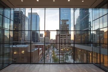 Cityscape view through large glass windows with buildings and street visible at sunset or sunrise time