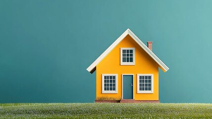 Yellow two-story house with white trim and blue door on green grass.