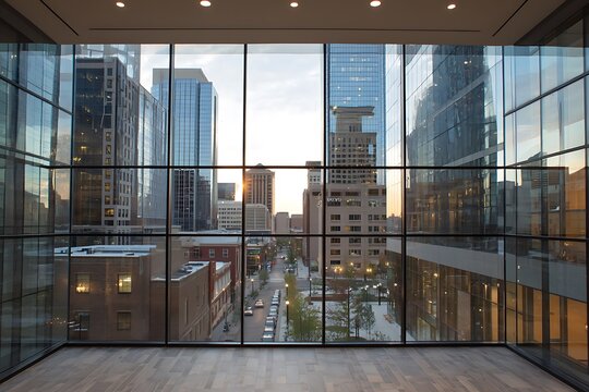 Fototapeta Cityscape view through large glass windows with buildings and street visible at sunset or sunrise time