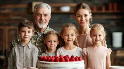 Fototapeta premium Heartwarming Military Retirement Surprise with Grandchildren and Cake Celebration - Copy Space Available for Text