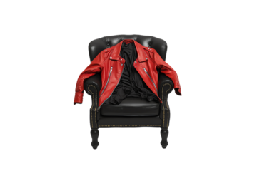 A red leather jacket draped over a black armchair.