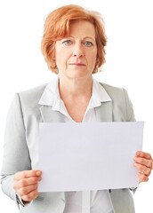 Senior Geschäftsfrau zeigt leeres Schild