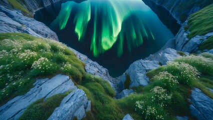 Aurora borealis shines over rocky landscape and dark water