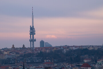 A cityscape view of the city of Prague with the Television tower.