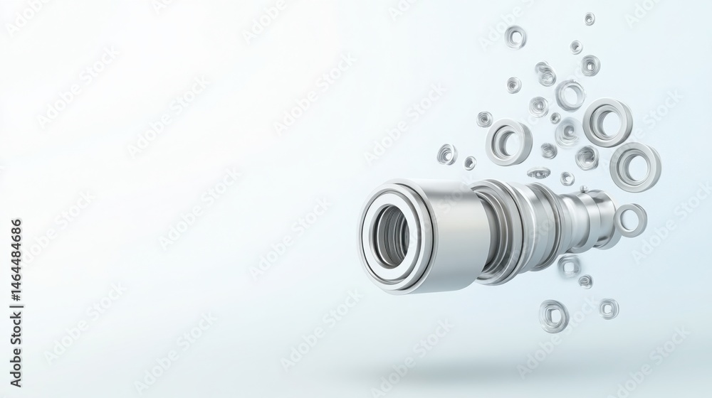 Poster emulsion tube in exploded view of carburetor, each part floating in air, mechanical harmony and bala