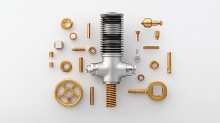 Fototapeta premium Emulsion tube in exploded view of carburetor, each part floating in air, mechanical harmony and balance