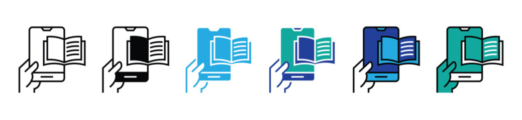 hand hold mobile book icon set electronic book online media learning vector digital study education signs illustration for web and app