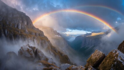 Landscape view with rainbow and misty mountain valley