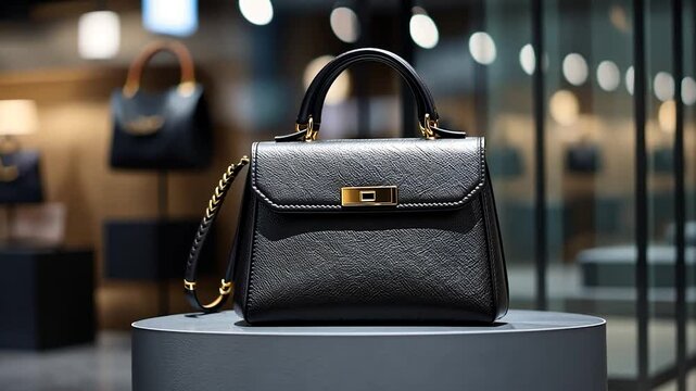 Close-up of a black handbag with a textured surface, resting on a gray pedestal against a blurred nighttime background.  The bag features a top handle and gold-toned hardware