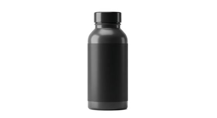 Isolated close up shot of a dark gray bottle with a black label on a black background studio shot
