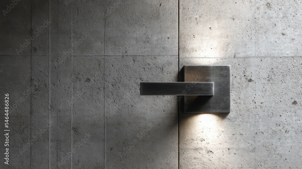 Poster minimalist metallic door handle embedded in raw concrete wall, futuristic architectural detail with 