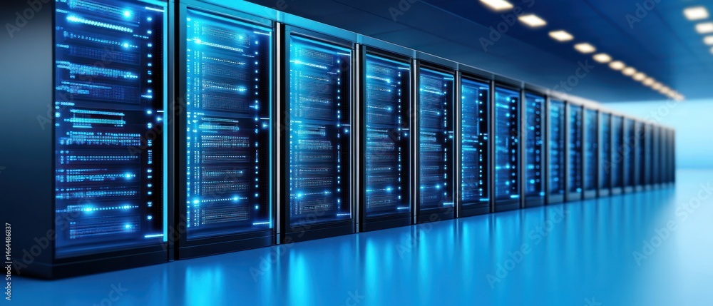 Poster digital data center: high-tech server room with illuminated racks