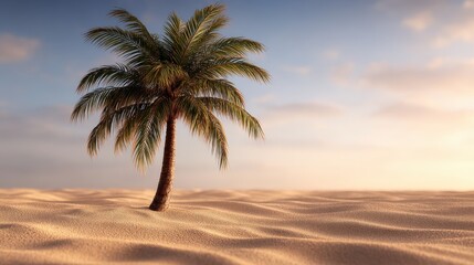 Obraz premium A solitary palm tree stands gracefully atop expansive sandy dunes beneath a serene sky showcasing soft clouds and glowing sunlight highlighting nature's tranquility and beauty