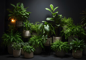 Fototapeta premium A Serene Collection of Lush Green Indoor Plants in Elegant Pots, Dark Background, Interior Design, Home Decor, Botanical, Greenery, Tranquility, Nature, Botany, Houseplants