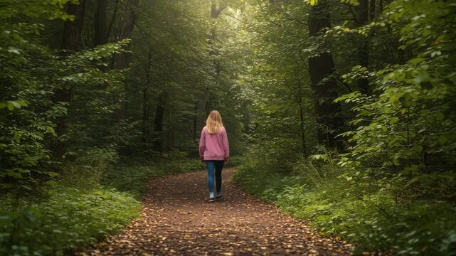 Woman with blonde hair walking away on a path through a dense green forest with sunlight ahead 4k uhd video