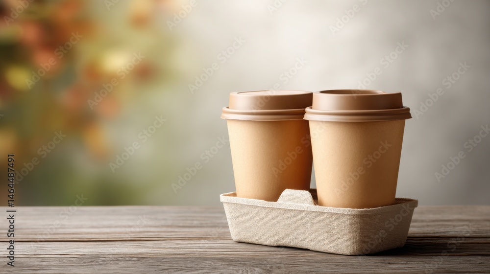 Poster paper coffee cups in cardboard holder on rustic wooden table with soft shadow, space for text on sid