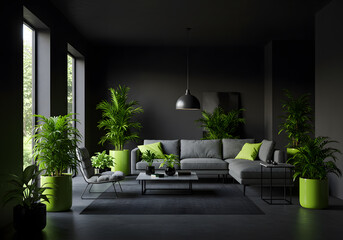 Modern Dark Living Room Interior Design with Lush Greenery and Lime Green Accents A Serene and Stylish Space