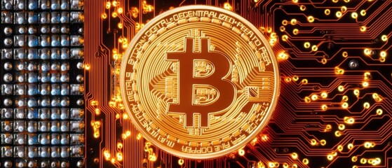 Bitcoin Cryptocurrency on Circuit Board: Digital Currency and Technology