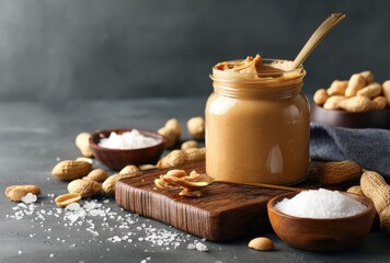 Creamy Peanut Butter Jar with Spoon Surrounded by Peanuts and Sea Salt on Wooden Board in a Cozy Kitchen Setting