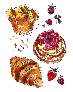 Bakery. Croissant, bun, dessert. Watercolor and ink sketch. Food illustrations.